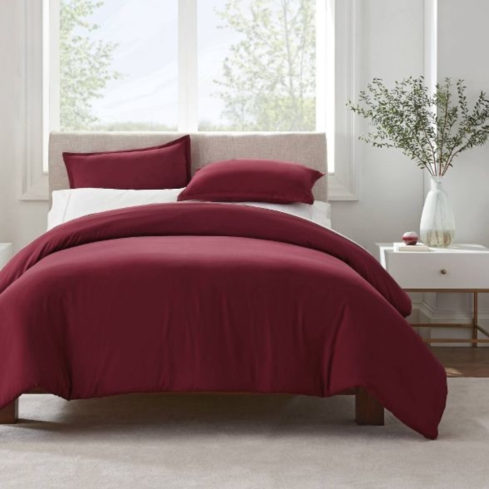 Serta Simply Clean Antimicrobial Solid 3 Piece Duvet Set, Red, Full/Queen NEW